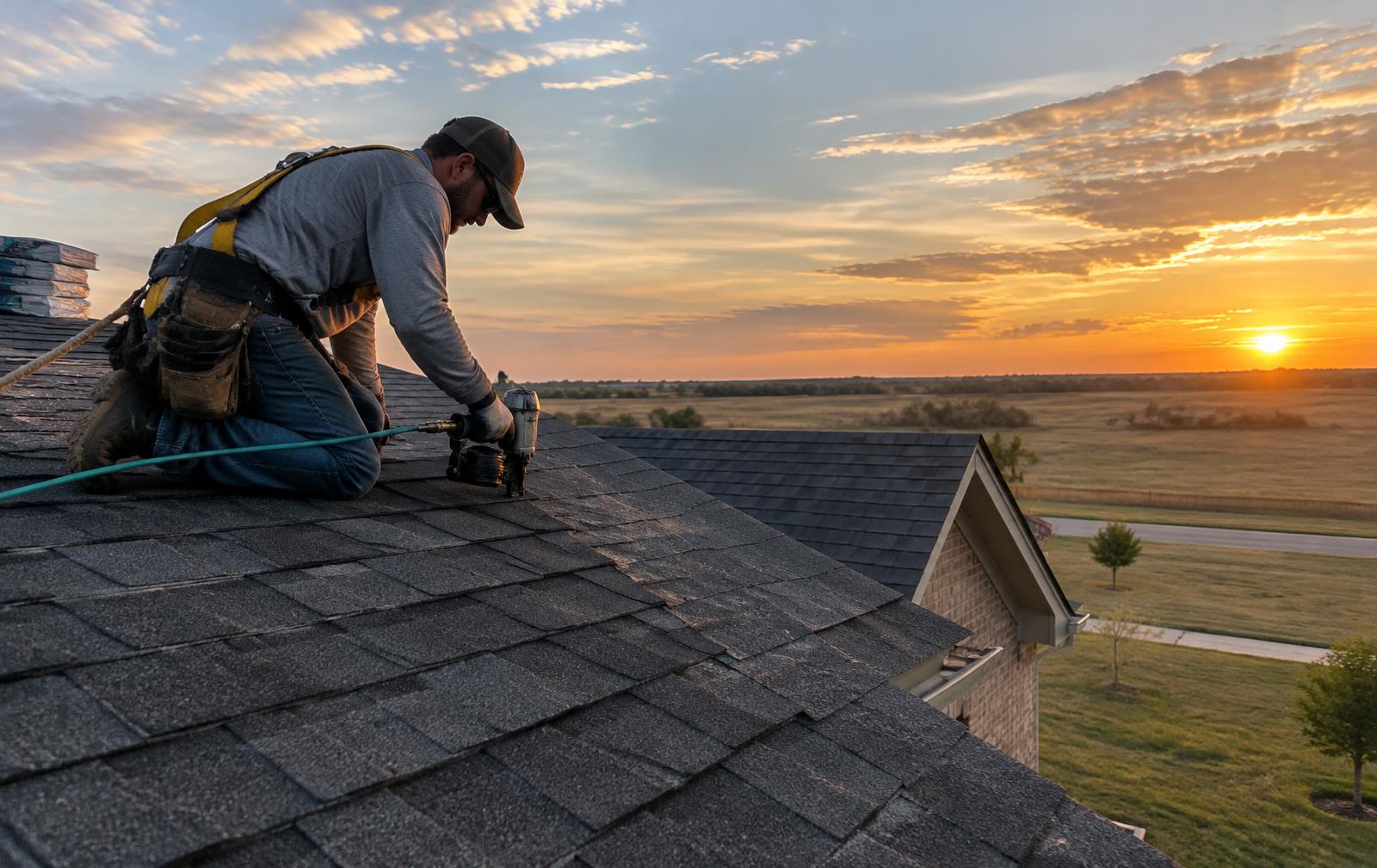Roofer installing architectural shingles on a house at sunset